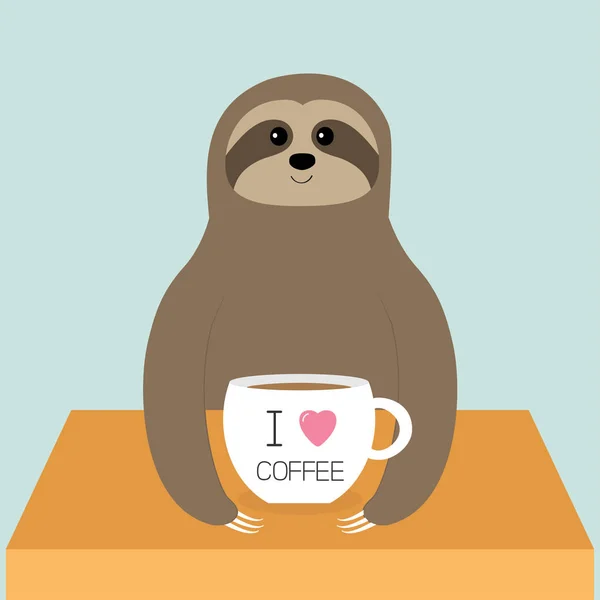 Pereza sentada durmiendo. Me encanta la taza de café. Taza en la mesa. Lindo personaje de dibujos animados sueño perezoso bebé. Colección de animales de la selva salvaje. Más despacio. Fondo blanco Diseño plano — Vector de stock