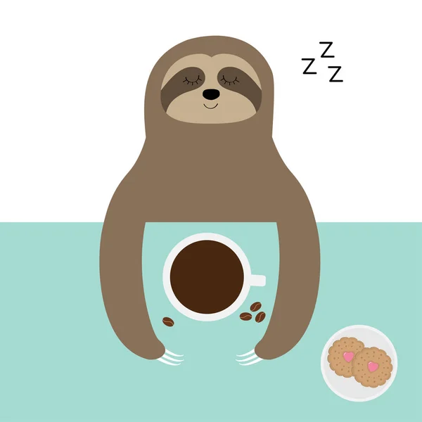 Preguiça a dormir. Adoro xícara de café. Bolacha de biscoito. Sinal de sono zzz. Chávena de chá na mesa. Vista aérea superior. Bonito desenho animado personagem bebê preguiçoso. Animal selvagem da selva. Mais devagar. Fundo azul Projeto plano —  Vetores de Stock