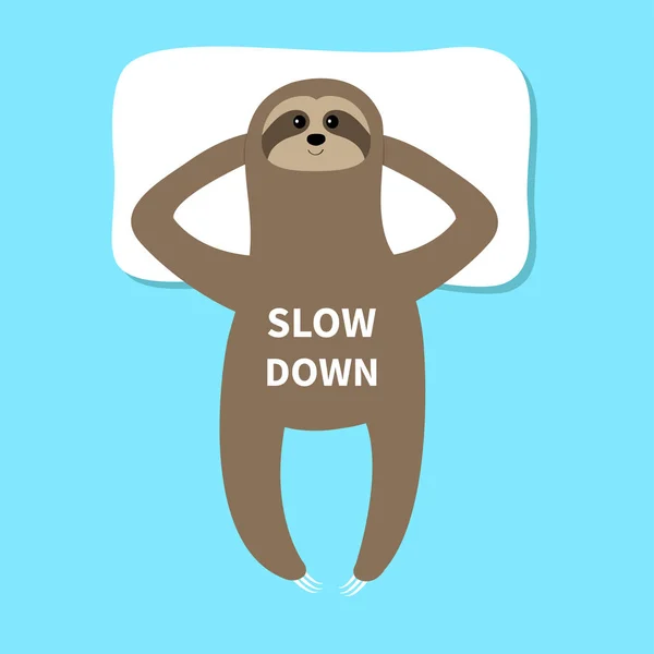 Sloth dort sur un oreiller. Je ne peux pas dormir au lit. Doucement. Mignon dessin animé drôle personnage paresseux kawaii. Collection bébé. Design plat. Fond bleu . — Image vectorielle