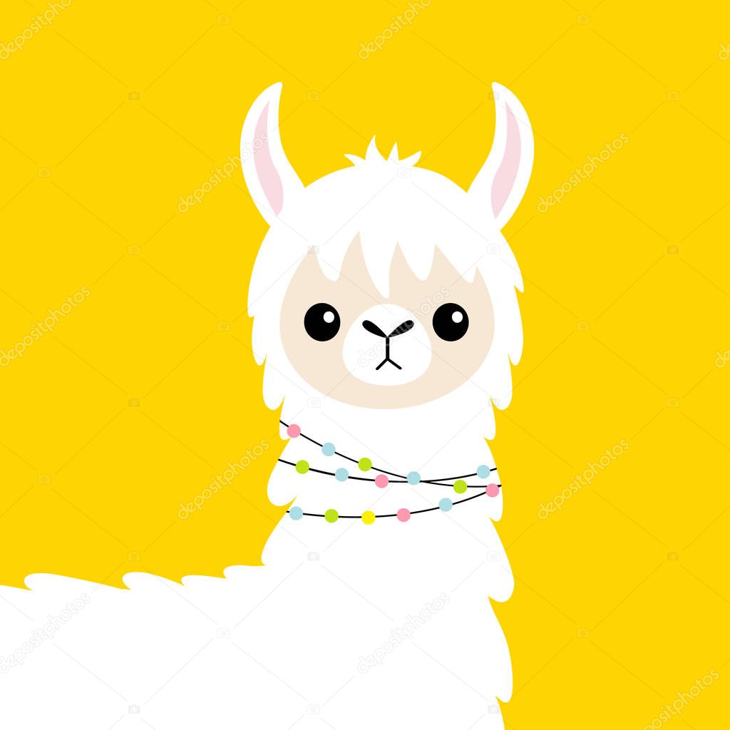 Llama alpaca head baby face. Cute cartoon funny kawaii smiling character. Childish collection. Fluffy hair fur. T-shirt, greeting card, poster template print. Flat design. Yellow background.
