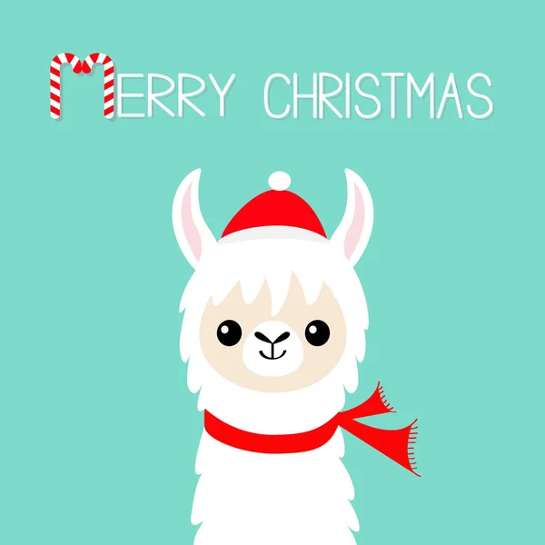 圣诞快乐 拉玛羊驼毛宝宝的脸 圣诞老人红帽子 新年快乐 可爱的卡通搞笑卡瓦伊字符 贺卡打印 扁平设计 蓝色背景 向量例证 — 图库矢量图片