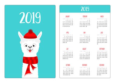 Lama alpaka. Kırmızı şapka, eşarp. Basit cep Takvim düzeni 2019 yeni yıl. Haftası Pazar günü başlar. Sevimli çizgi film karakteri. Dikey yönlendirme. Düz tasarım. Mavi arka plan. Vektör çizim