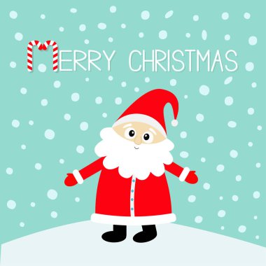 Mutlu Noeller. Şeker kamışı. Noel Baba kırmızı şapka, kostüm, büyük sakal. Rüzgârla oluşan kar yığını üzerinde açık el ile sevimli çizgi kawaii komik karakter. Yeni yıl. Mavi kar arka plan. Tebrik kartı. Vektör