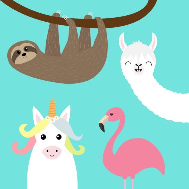 Tembel hayvan, alpaka, Lama, flamingo, tek boynuzlu at set. Sevimli çizgi film komik kawaii karakteri. Çocukça bebek koleksiyonu. T-shirt, tebrik kartı poster şablonu yazdırma. Düz mavi arka plan tasarım. Vektör