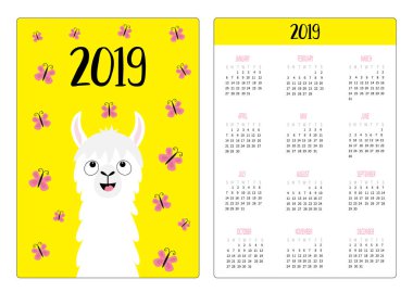 Alpaka Lama ve kelebek. Basit cep Takvim düzeni 2019 yeni yıl. Haftası Pazar günü başlar. Sevimli çizgi film karakteri. Dikey yönlendirme. Düz tasarım. Sarı arka plan. Vektör çizim