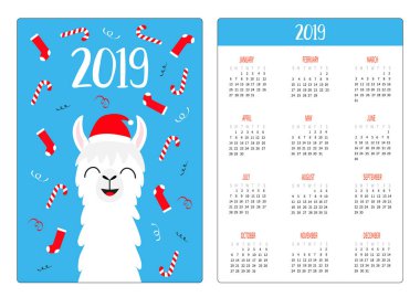 Lama alpaka Santa kırmızı şapkalı. Şeker kamışı, çorap. Basit cep Takvim düzeni 2019 yeni yıl. Haftası Pazar günü başlar. Sevimli çizgi film karakteri. Dikey yönlendirme. Düz tasarım. Mavi arka plan. Vektör