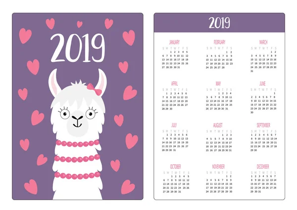 Альпака Лама Любов Серця Просте Планування Кишенькового Календаря 2019 Рік — стоковий вектор
