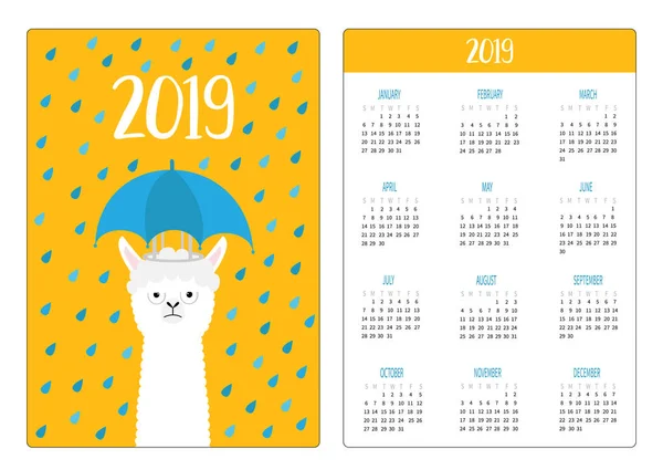 Lama Alpaka Regenschirm Einfaches Taschenkalender Layout 2019 Neujahr Die Woche — Stockvektor