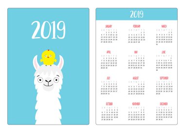 Lama alpaka ve tavuk kuş. Basit cep Takvim düzeni 2019 yeni yıl. Haftası Pazar günü başlar. Sevimli çizgi film karakteri. Dikey yönlendirme. Düz tasarım. Pembe bir arka plan. Vektör çizim