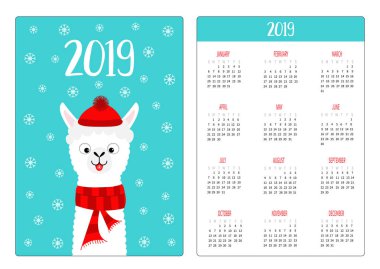 Alpaka Lama. Kırmızı şapka, eşarp. Basit cep Takvim düzeni 2019 yeni yıl. Haftası Pazar günü başlar. Sevimli çizgi film karakteri. Dikey yönlendirme. Düz tasarım mavi kar tanesi arka plan vektör çizim