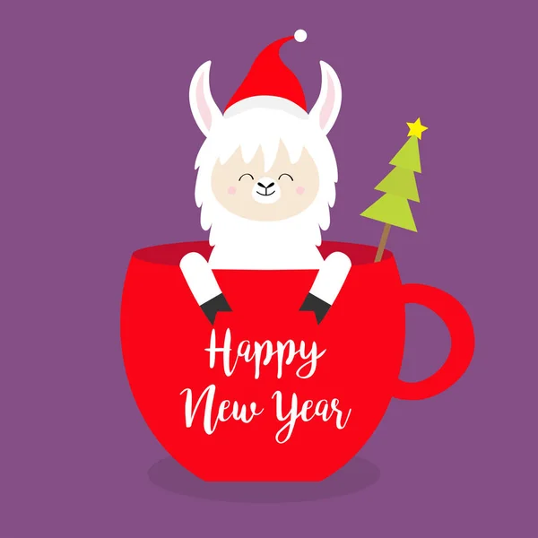 Happy New Year. Llama alpaca sitting in red coffee cup teacup. Santa hat. Fir tree. Face and hands. Cute cartoon character. Merry Christmas. Hello winter. Violet background. Flat design. Vector