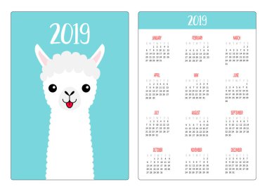 Lama alpaka yüz boyun, dil. Basit cep Takvim düzeni 2019 yeni yıl. Haftası Pazar günü başlar. Sevimli çizgi film karakteri. Dikey yönlendirme. Düz tasarım. Mavi arka plan. Vektör çizim