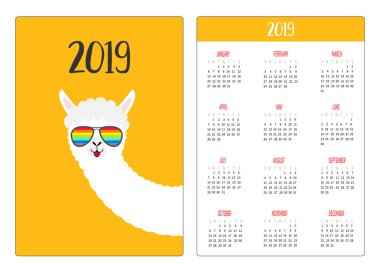 Lama alpaka gökkuşağı glassess hayvan yüzüne. Basit cep Takvim düzeni 2019 yeni yıl. Haftası Pazar günü başlar. Sevimli çizgi film karakteri. Dikey yönlendirme. Düz tasarım. Sarı arka plan. Vektör