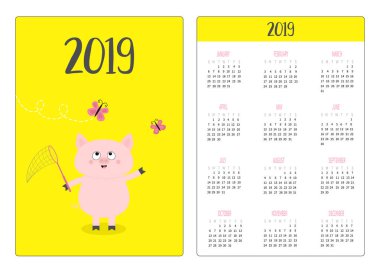 Domuz piggy ve kelebek. Basit cep Takvim düzeni 2019 yeni yıl. Haftası Pazar günü başlar. Sevimli çizgi film karakteri. Dikey yönlendirme. Düz tasarım. Sarı arka plan. Vektör çizim