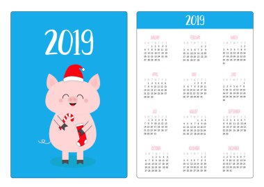 Şeker kamışı, sock tutan kırmızı Santa şapka, domuz. Cep Takvim düzeni 2019 yeni yıl. Haftası Pazar günü başlar. Dikey yönlendirme. Sevimli çizgi film karakteri. Düz tasarım. Mavi renkli vektör çizim