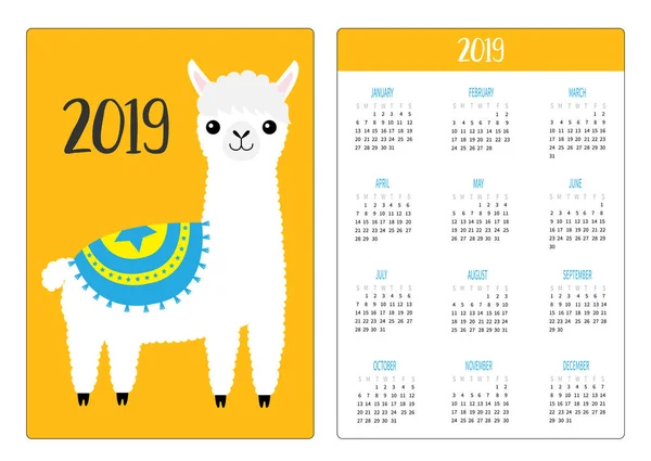 Alpaka Lama Stehend Einfaches Taschenkalender Layout 2019 Neujahr Die Woche — Stockvektor