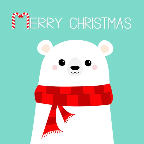 メリー クリスマス キャンデー杖 シロクマ白カブ頭顔赤いスカーフを身に着けています 赤ちゃんの文字の笑顔かわいい漫画 明けましておめでとう 北極の動物 こんにちは冬のフラットなデザイン 青色の背景色 ベクトル — ストックベクタ