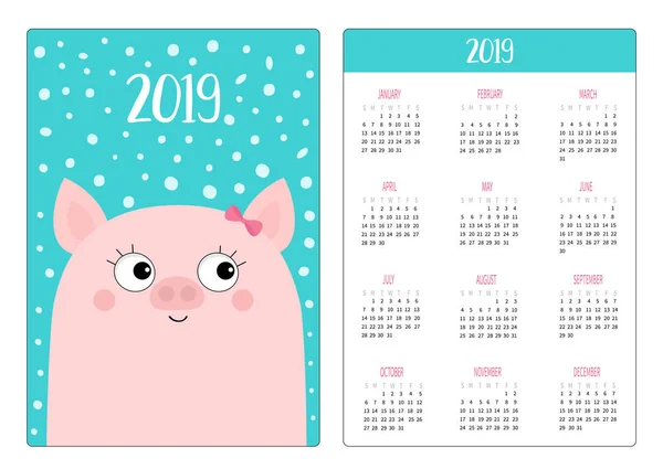 Kapesní Kalendáře Rozložení 2019 Nový Rok Pig Prasátko Hlavu Růžová — Stockový vektor
