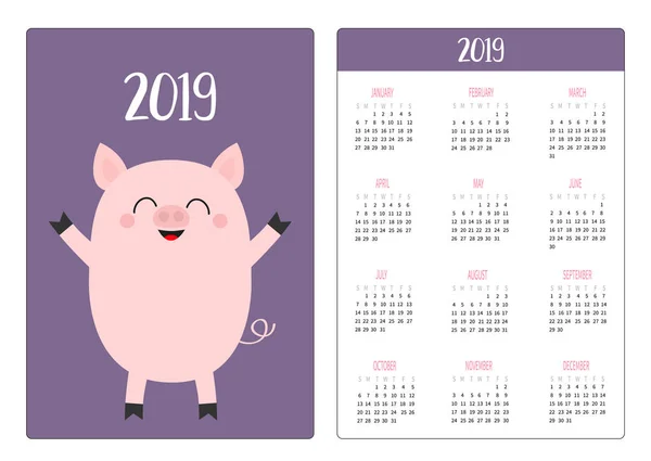 Schweinchen Einfaches Taschenkalender Layout 2019 Neujahr Die Woche Beginnt Sonntag — Stockvektor