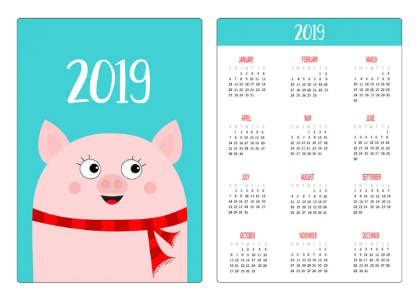 Mise Page Calendrier Poche 2019 Nouvelle Année Tête Porc Écharpe — Image vectorielle