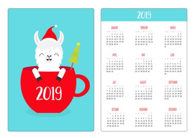 Lama alpaka çay kahve Kupası'nda. Noel Baba şapkası. Noel ağacı. Basit cep Takvim düzeni 2019 yeni yıl. Haftası Pazar günü başlar. Çizgi film karakteri. Dikey yönlendirme. Düz tasarım. Mavi renkli vektör