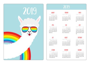Alpaka Lama glassess hayvan yüzüne. Gökkuşağı. Basit cep Takvim düzeni 2019 yeni yıl. Haftası Pazar günü başlar. Dikey yönlendirme. Sevimli çizgi film karakteri. Düz tasarım. Mavi arka plan. Vektör