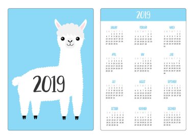 Lama alpaka ayakta. Basit cep Takvim düzeni 2019 yeni yıl. Haftası Pazar günü başlar. Sevimli çizgi film komik bebek karakteri. Dikey yönlendirme. Düz tasarım. Mavi arka plan. Vektör çizim