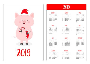 Şeker kamışı, sock tutan kırmızı Santa şapka, domuz. Basit cep Takvim düzeni 2019 yeni yıl. Haftası Pazar günü başlar. Sevimli çizgi film karakteri. Dikey yönlendirme. Düz tasarım. Beyaz arka plan. Vektör
