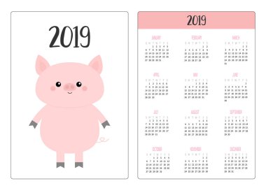 Domuz domuzcuk. Basit cep Takvim düzeni 2019 yeni yıl. Haftası Pazar günü başlar. Sevimli çizgi film karakteri. Dikey yönlendirme. Düz tasarım. Beyaz arka plan. Vektör çizim