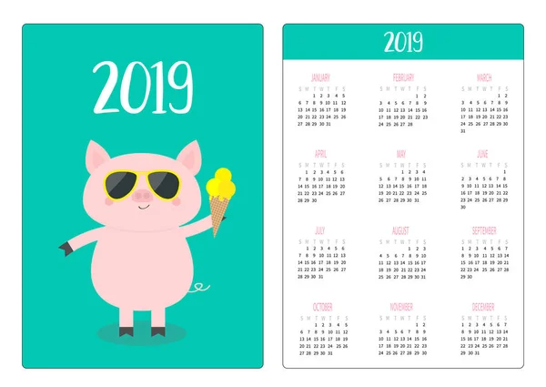 Świnia Piggy Okulary Lody Kieszeń Prosty Kalendarz Układ 2019 Nowy — Wektor stockowy