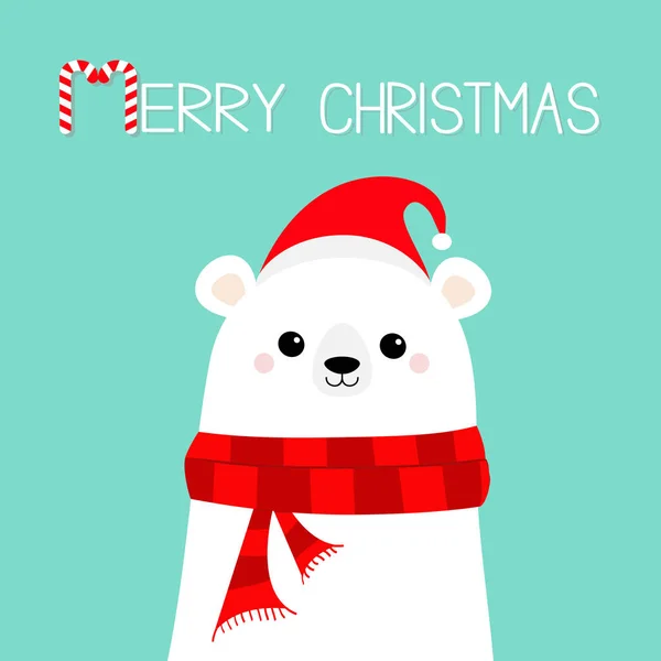 圣诞快乐糖果甘蔗 北极白熊幼崽头脸戴着红色的圣诞老人帽子 可爱的卡通婴儿角色 新年快乐 北极动物 平面设计你好冬天 蓝色背景 — 图库矢量图片