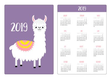 Gülümseyen şirin alpaka Lama. Basit cep Takvim düzeni 2019 yeni yıl. Haftası Pazar günü başlar. Dikey yönlendirme. Çizgi film kawaii komik bebek karakteri. Düz tasarım menekşe arka plan vektör çizim