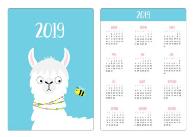 Şirin alpaka Lama arı arıyorum. Basit cep Takvim düzeni 2019 yeni yıl. Haftası Pazar günü başlar. Dikey yönlendirme. Çizgi film kawaii komik bebek karakteri. Düz tasarım. Mavi arka plan. Vektör