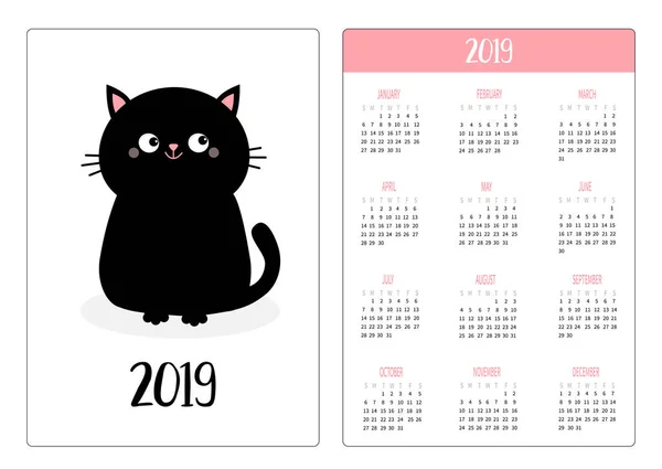 Ημερολόγιο Τσέπης 2019 Έτος Εβδομάδα Ξεκινά Την Κυριακή Μαύρη Γάτα — Διανυσματικό Αρχείο