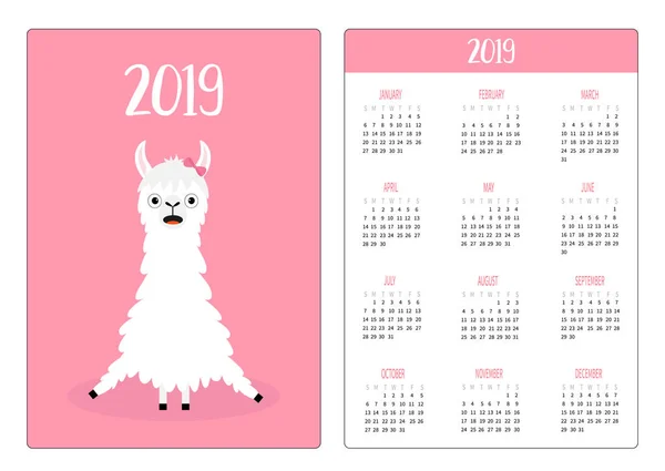 Мила Дівчина Альпака Лами Просте Планування Кишенькового Календаря 2019 Рік — стоковий вектор