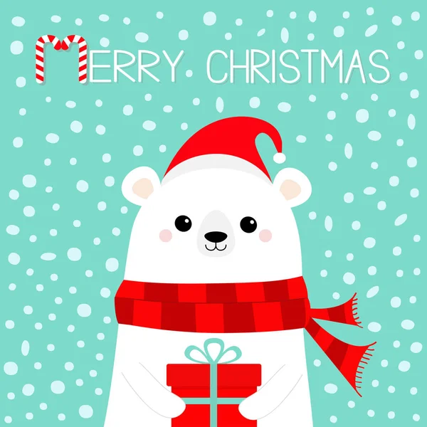 圣诞快乐 白北极熊幼崽脸拿着礼品盒礼物 红色圣诞老人帽子围巾可爱的卡通婴儿字符 新年快乐 北极动物平面设计你好冬季蓝雪背景向量 — 图库矢量图片