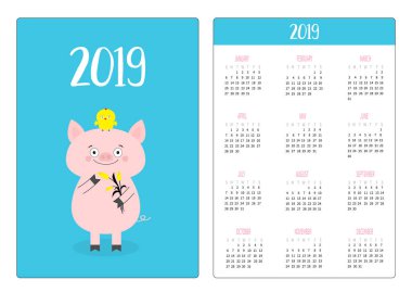 Domuz domuz ve tavuk. Basit cep Takvim düzeni 2019 yeni yıl. Haftası Pazar günü başlar. Sevimli çizgi film karakteri. Dikey yönlendirme. Düz tasarım. Mavi arka plan. Vektör çizim