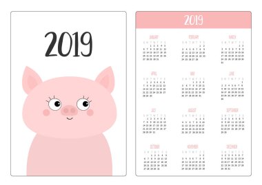 Domuz domuz kafa surat. Basit cep Takvim düzeni 2019 yeni yıl. Haftası Pazar günü başlar. Dikey yönlendirme. Sevimli çizgi film karakteri. Düz tasarım. Beyaz arka plan. Vektör çizim