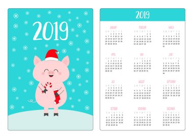 Şeker kamışı, sock tutan kırmızı Santa şapka, domuz. Cep Takvim düzeni 2019 yeni yıl. Haftası Pazar günü başlar. Sevimli çizgi film karakteri. Dikey yönlendirme. Düz tasarım. Mavi rüzgârla oluşan kar yığını arka plan. Vektör