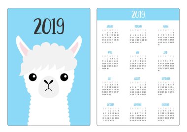 Lama alpaka yüz başı. Basit cep Takvim düzeni 2019 yeni yıl. Haftası Pazar günü başlar. Sevimli çizgi film karakteri. Dikey yönlendirme. Düz tasarım. Mavi arka plan. Vektör çizim
