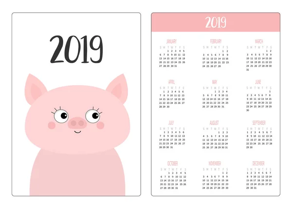 Лице Свинячої Голови Просте Планування Кишенькового Календаря 2019 Рік Тиждень — стоковий вектор