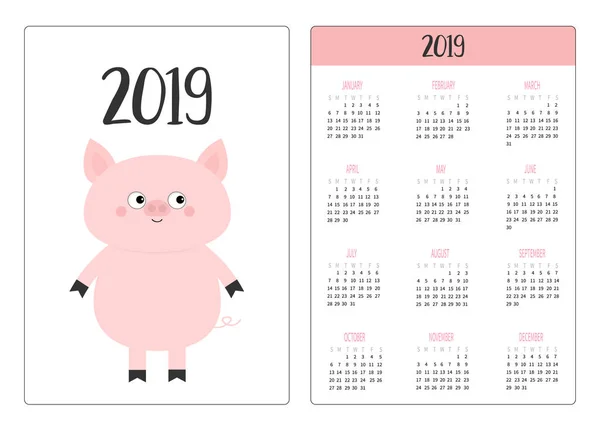 Cochon Cochon Mise Page Calendrier Poche Simple 2019 Nouvelle Année — Image vectorielle