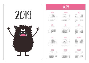Cep takvim 2019 yıl. Haftası Pazar günü başlar. Siyah canavar simgesi. Şirin komik karikatür kawaii bebek karakter. Beyaz arka plan. Düz tasarım. Vektör çizim