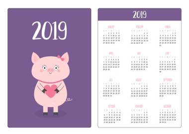 Domuz piggy ve kalp. Basit cep Takvim düzeni 2019 yeni yıl. Haftası Pazar günü başlar. Sevimli çizgi film karakteri. Dikey yönlendirme. Düz tasarım. Menekşe arka plan. Vektör çizim