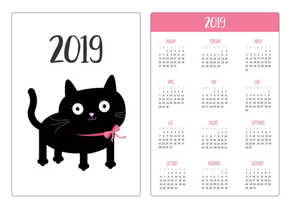Calendario Bolsillo 2019 Año Semana Comienza Domingo Icono Gato Negro — Vector de stock
