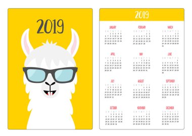 Alpaka Lama glassess içinde. Basit cep Takvim düzeni 2019 yeni yıl. Haftası Pazar günü başlar. Dikey yönlendirme. Sevimli çizgi kawaii komik bebek karakter. Düz tasarım. Sarı arka plan. Vektör
