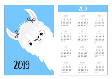 Alpaka Lama kız. Basit cep Takvim düzeni 2019 yeni yıl. Haftası Pazar günü başlar. Dikey yönlendirme. Sevimli çizgi kawaii komik bebek karakter. Düz tasarım. Mavi arka plan. Vektör çizim