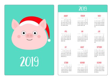 Basit cep Takvim düzeni 2019 yeni yıl. Haftası Pazar günü başlar. Noel Baba kırmızı şapkalı şirin domuz domuz surat. Gülümseyen karakter karikatür. Dikey yönlendirme. Düz yeşil renkli vektör tasarlamak