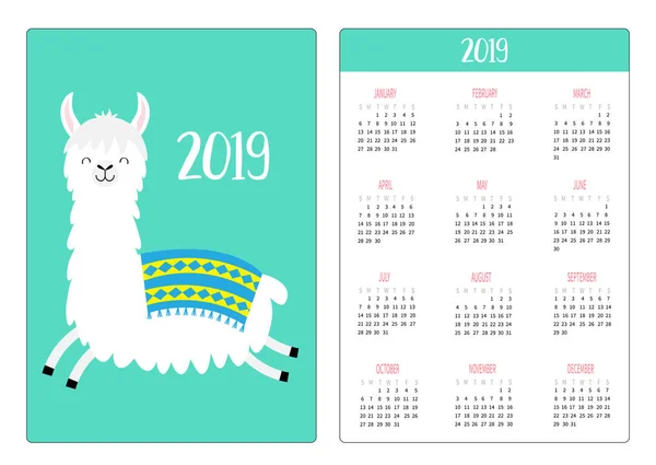 Niedliches Hüpfendes Lama Alpaka Einfaches Taschenkalender Layout 2019 Neujahr Die — Stockvektor