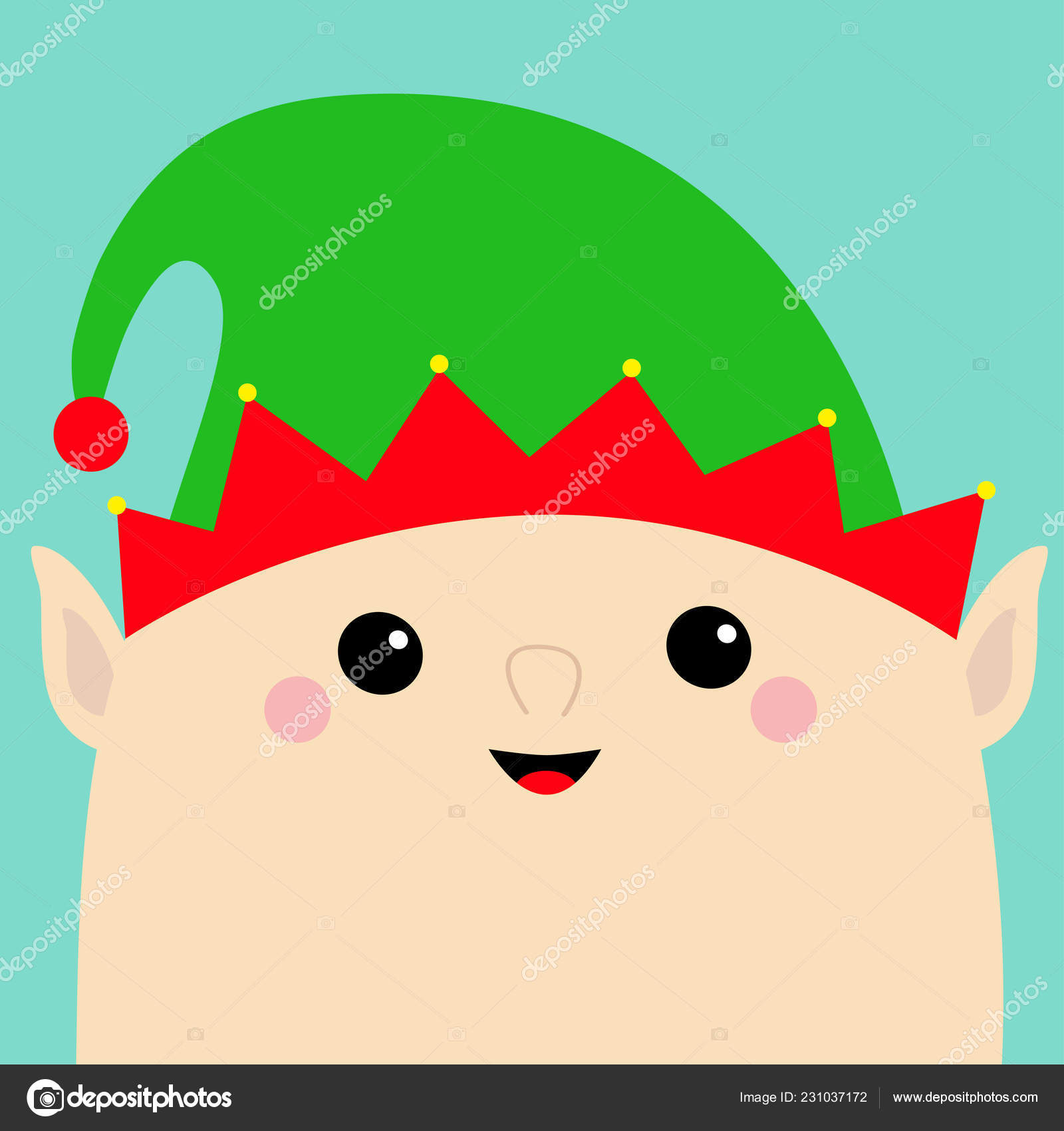 Santa Claus Elf Face Head Icon Green Hat Merry Christmas